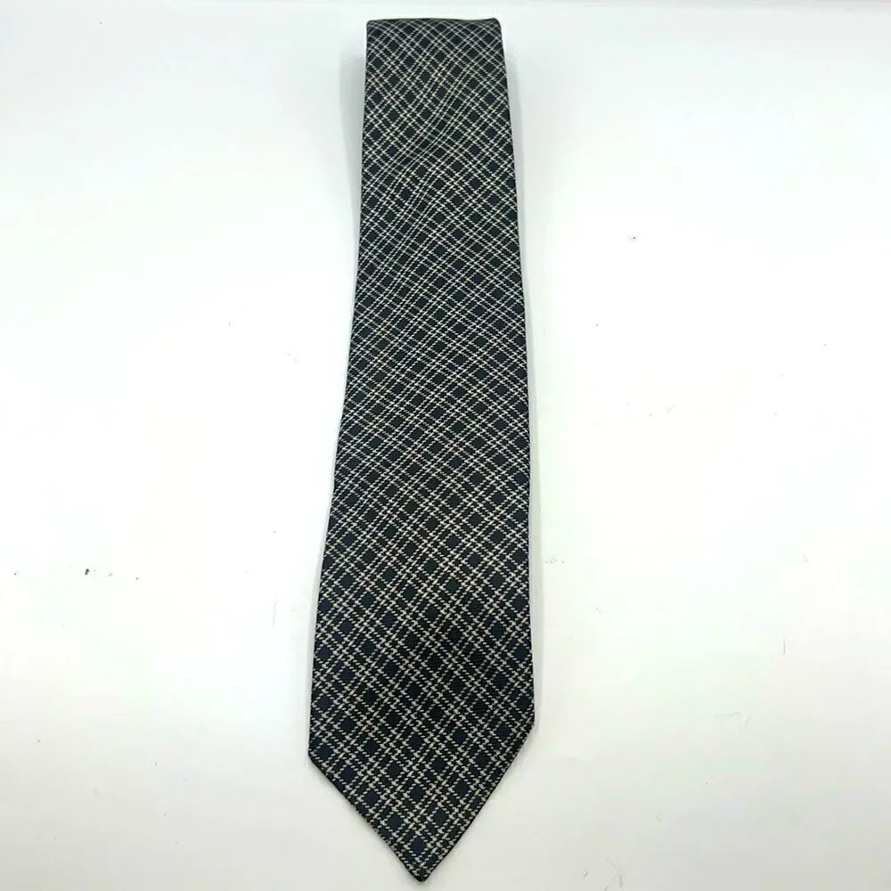 POLO RALPH LAUREN Handmade Midnight Blue and Offwhite Plaid Pattern Silk Tie